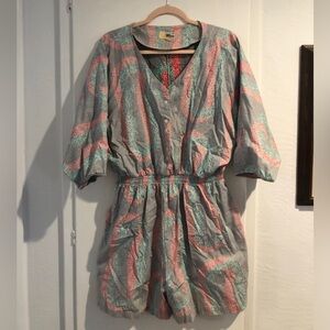 Vintage Reyn Spooner- Lightweight Casual Romper in Gray with Mint & Coral Print